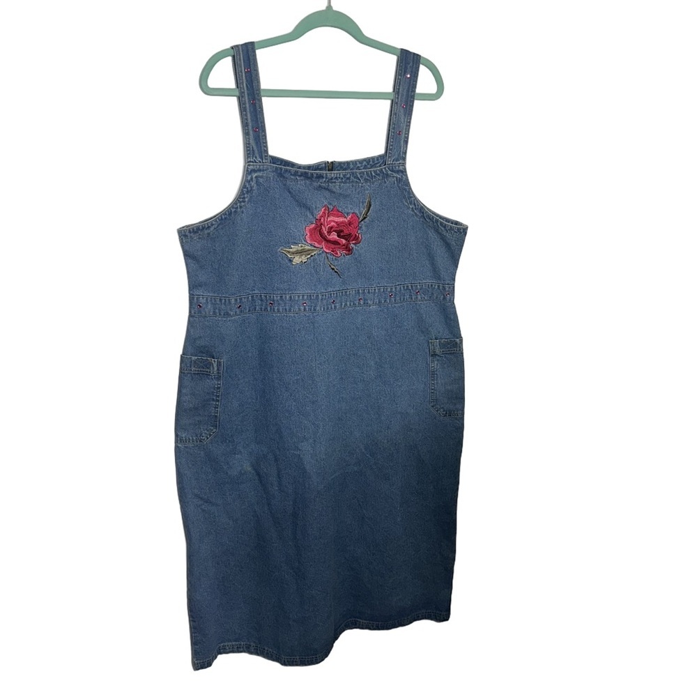 VTG Y2K Cottagecore Denim Overall Dress Floral Embroidered Modest Pockets 1X
